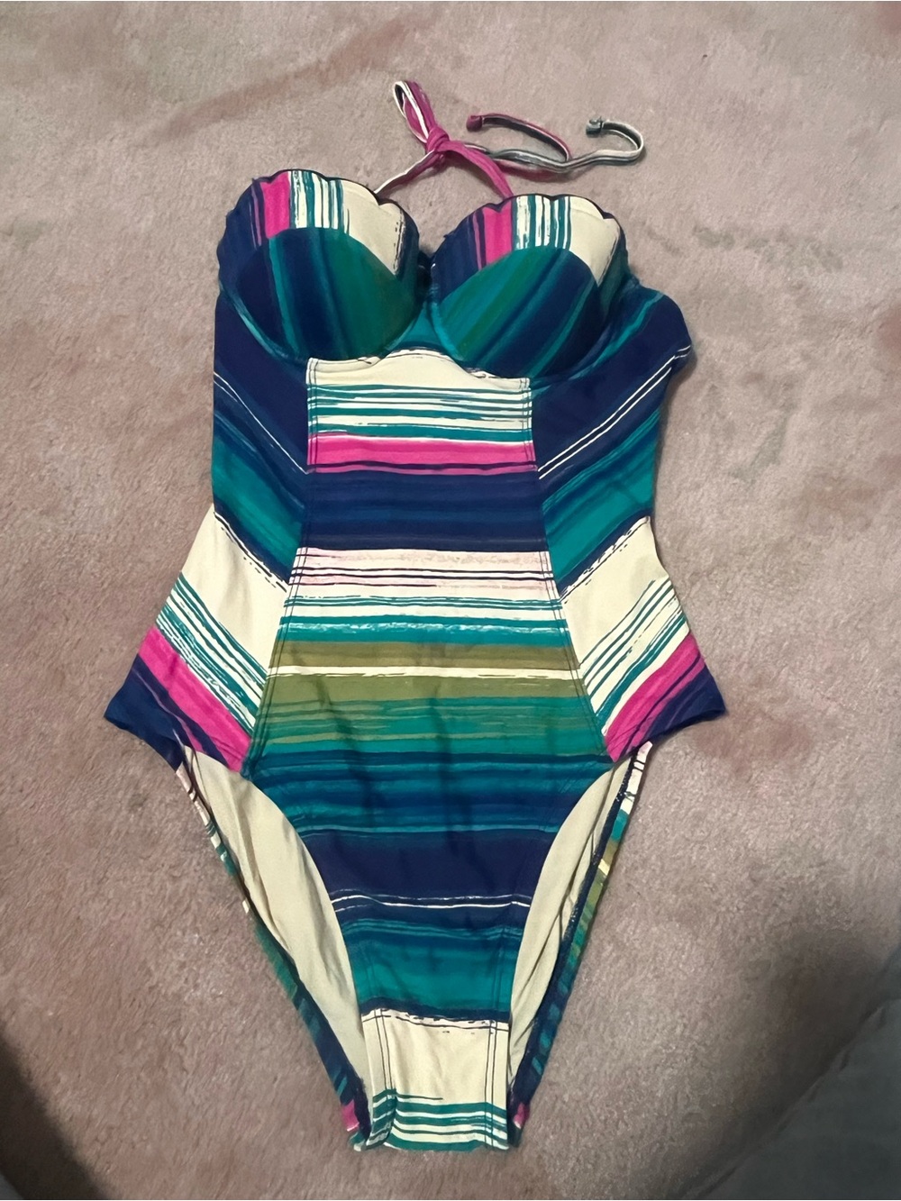 Striped One-Piece Swimsuit in Teal, Navy & Pink